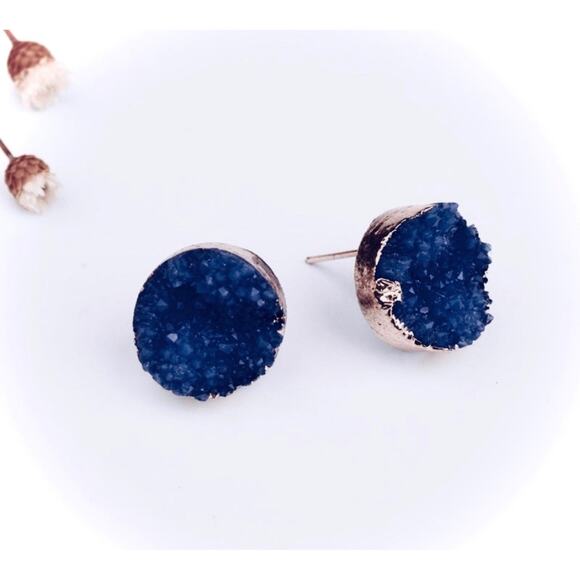 Navy Druzy Stud Earrings - Picture 1 of 1